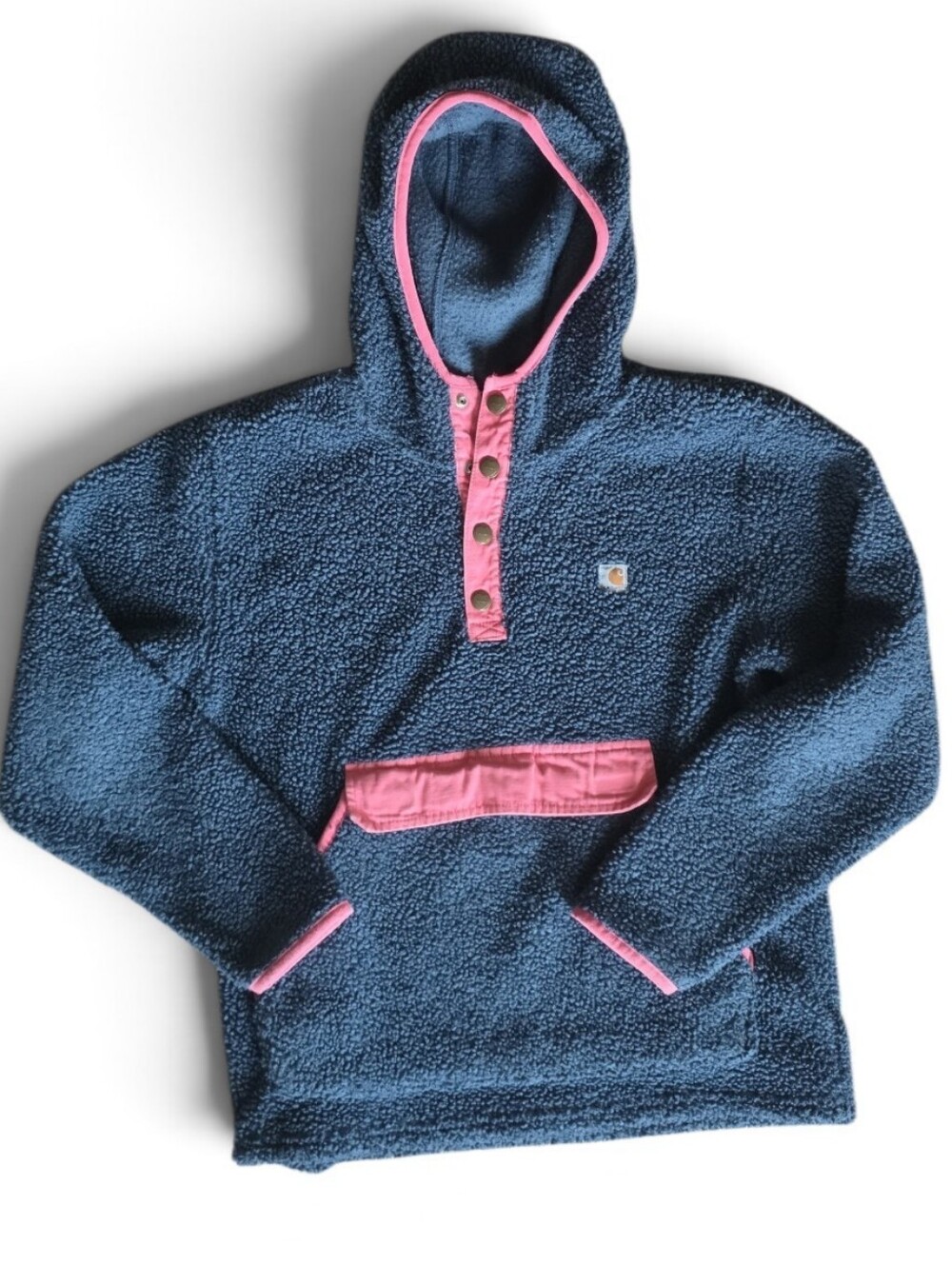 Carhartt Kids Navy Sherpa Hoodie with Pink Trim